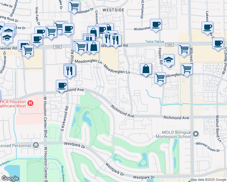 map of restaurants, bars, coffee shops, grocery stores, and more near 11506 Royal Tower Place in Houston