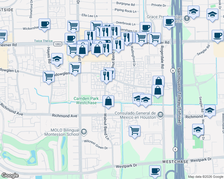 map of restaurants, bars, coffee shops, grocery stores, and more near 10855 Meadowglen Lane in Houston