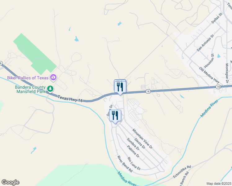 map of restaurants, bars, coffee shops, grocery stores, and more near 2320 Texas 16 in Bandera