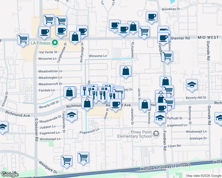 map of restaurants, bars, coffee shops, grocery stores, and more near 9307 Meadowcroft Drive in Houston