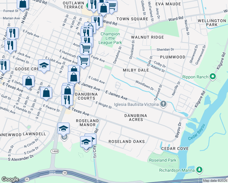 map of restaurants, bars, coffee shops, grocery stores, and more near 1310 East James Avenue in Baytown