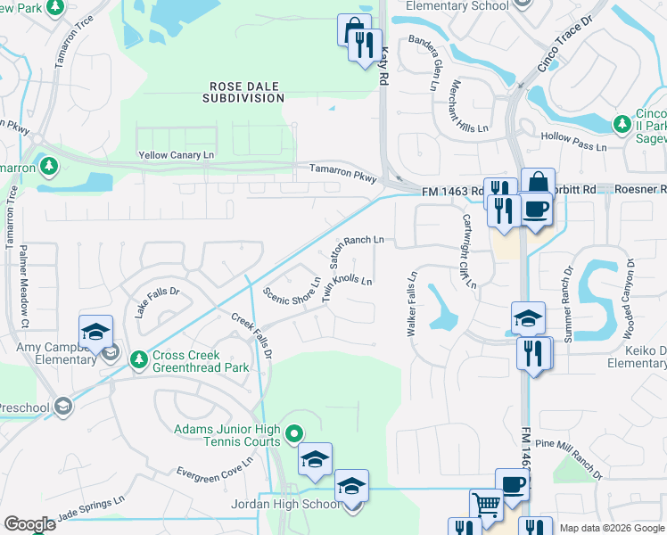map of restaurants, bars, coffee shops, grocery stores, and more near 28015 Silver Dawn Court in Fulshear