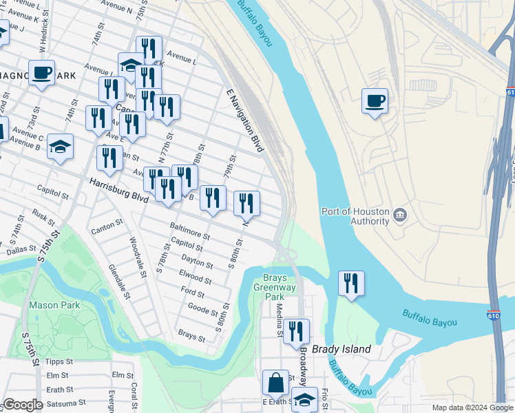 map of restaurants, bars, coffee shops, grocery stores, and more near 407 North 80th Street in Houston