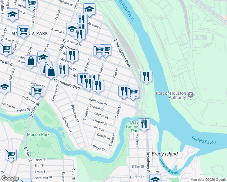map of restaurants, bars, coffee shops, grocery stores, and more near 7916 Sherman Street in Houston