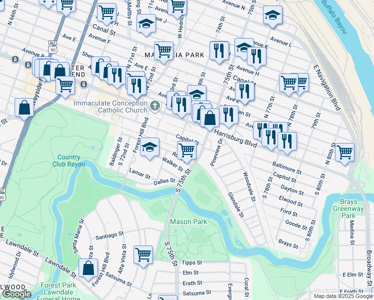 map of restaurants, bars, coffee shops, grocery stores, and more near 7414 Capitol Street in Houston