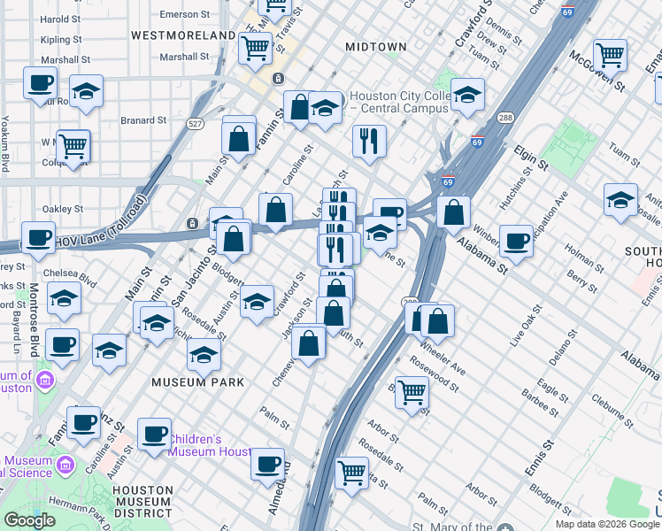 map of restaurants, bars, coffee shops, grocery stores, and more near 4110 Almeda Road in Houston