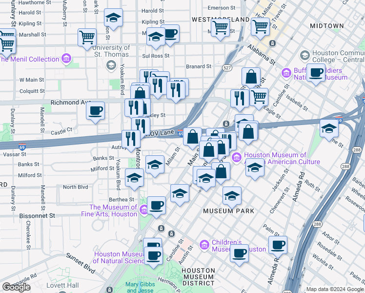 map of restaurants, bars, coffee shops, grocery stores, and more near 4702 Travis Street in Houston
