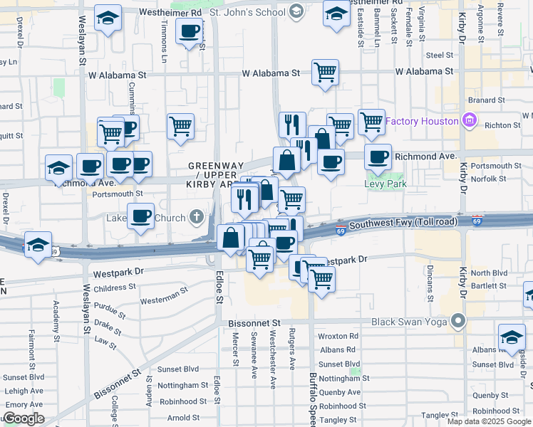 map of restaurants, bars, coffee shops, grocery stores, and more near in Houston