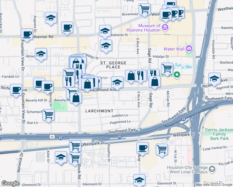 map of restaurants, bars, coffee shops, grocery stores, and more near 5412 Richmond Avenue in Houston