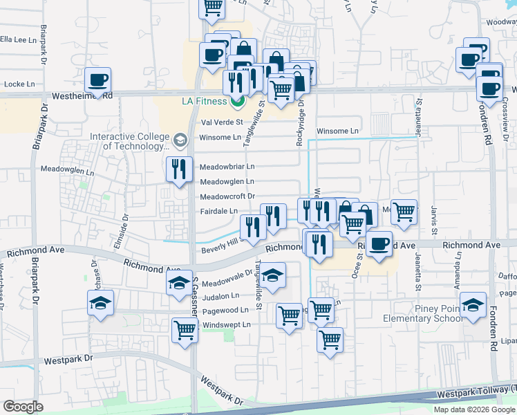 map of restaurants, bars, coffee shops, grocery stores, and more near 9543 Meadowcroft Drive in Houston