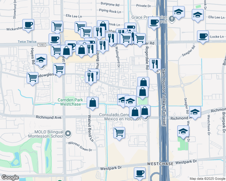 map of restaurants, bars, coffee shops, grocery stores, and more near 21 Meadowglen Lane in Houston