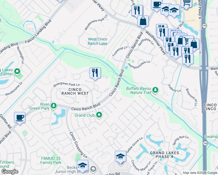 map of restaurants, bars, coffee shops, grocery stores, and more near 24907 Falling Water Estates Lane in Katy