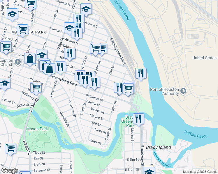 map of restaurants, bars, coffee shops, grocery stores, and more near 7916 Sherman Street in Houston
