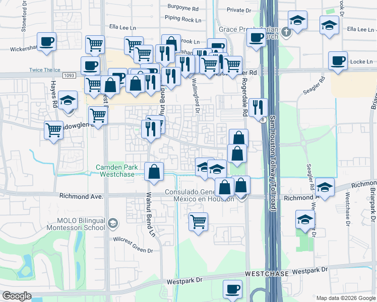 map of restaurants, bars, coffee shops, grocery stores, and more near 21 Meadowglen Lane in Houston