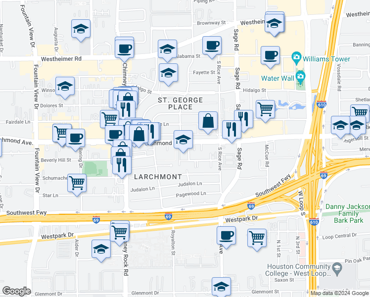 map of restaurants, bars, coffee shops, grocery stores, and more near 3300 Yorktown Street in Houston