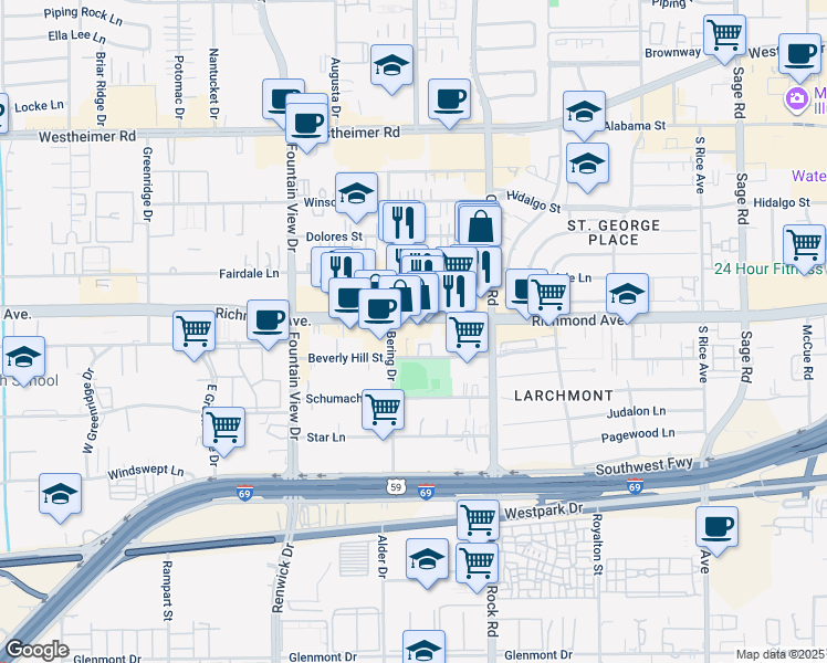map of restaurants, bars, coffee shops, grocery stores, and more near 5717 Richmond Avenue in Houston