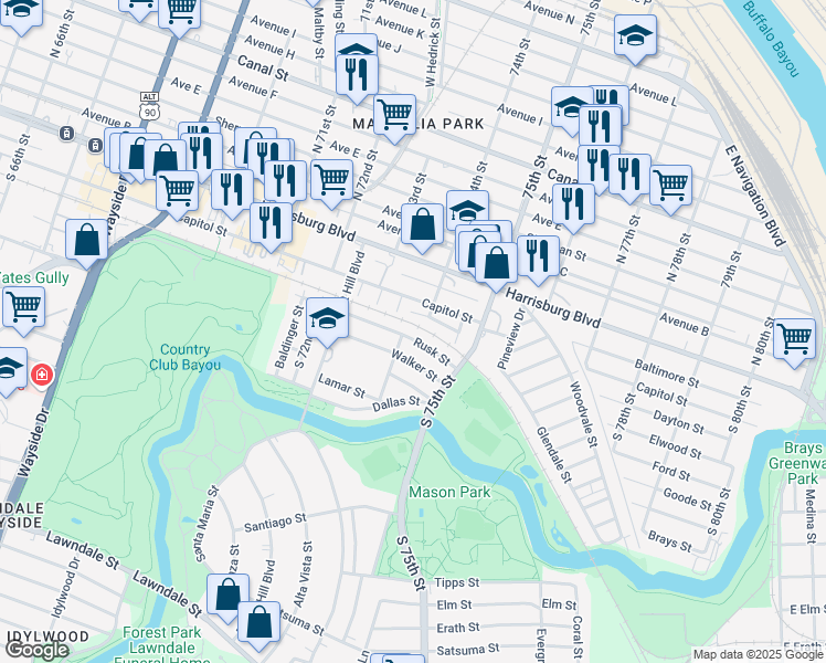 map of restaurants, bars, coffee shops, grocery stores, and more near 7328 Holtcamp Street in Houston