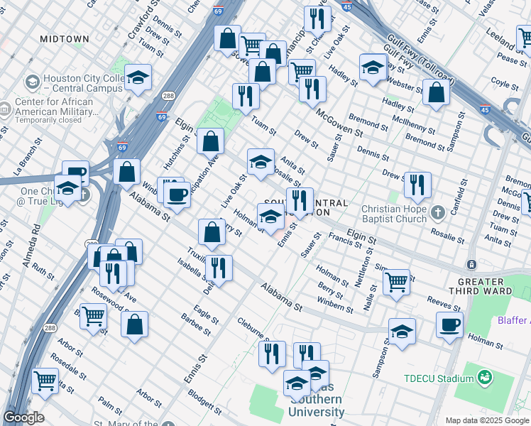 map of restaurants, bars, coffee shops, grocery stores, and more near 3204 Ennis Street in Houston