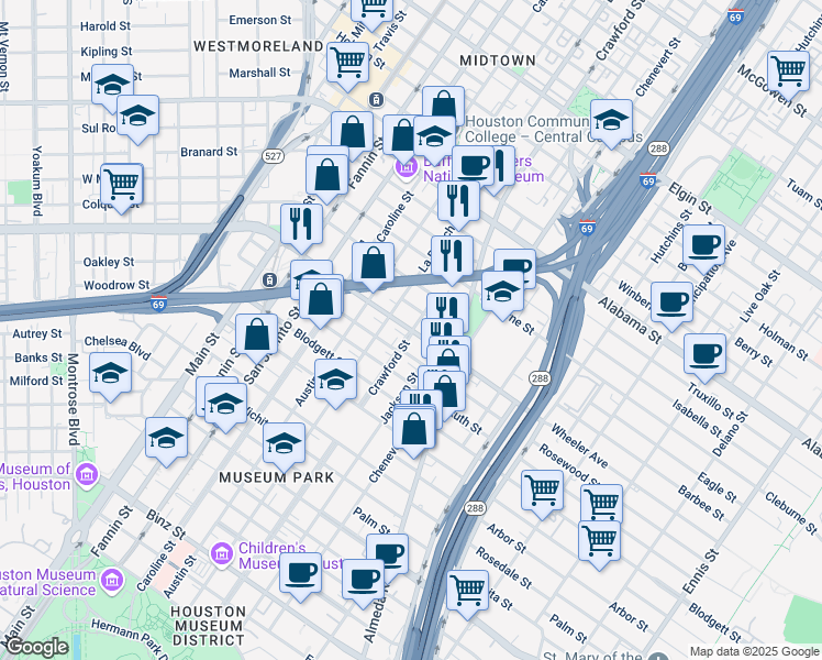 map of restaurants, bars, coffee shops, grocery stores, and more near Crawford St & Wheeler Ave in Houston