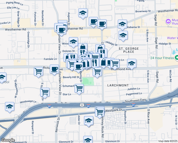 map of restaurants, bars, coffee shops, grocery stores, and more near 5717 Richmond Avenue in Houston
