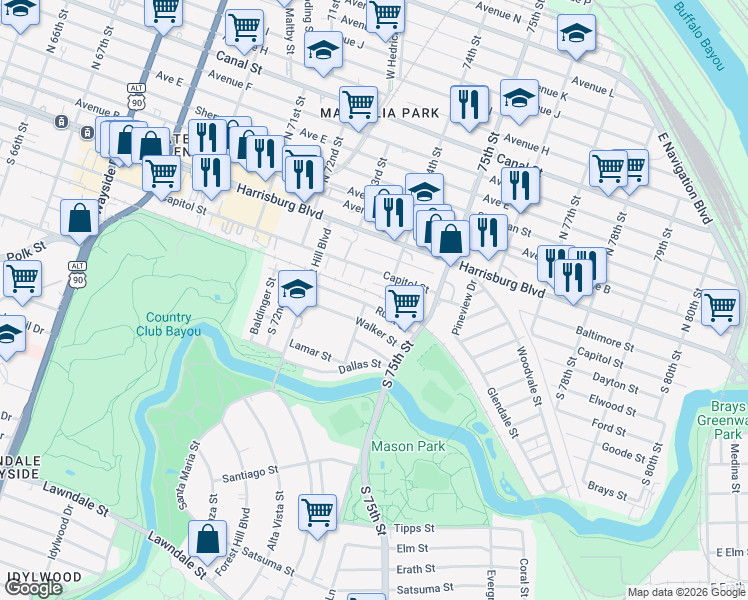 map of restaurants, bars, coffee shops, grocery stores, and more near 7328 Holtcamp Street in Houston
