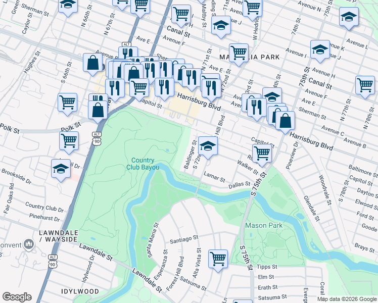 map of restaurants, bars, coffee shops, grocery stores, and more near 330 Baldinger Street in Houston