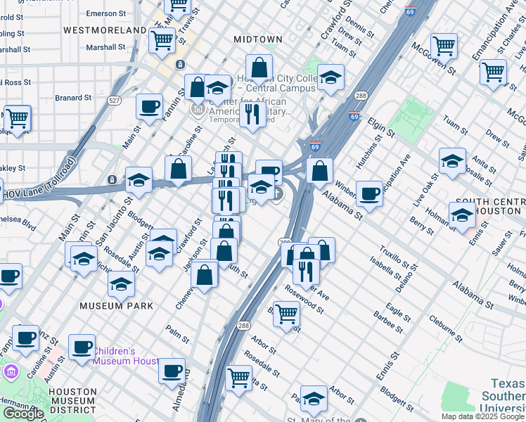 map of restaurants, bars, coffee shops, grocery stores, and more near 1809 Cleburne Street in Houston