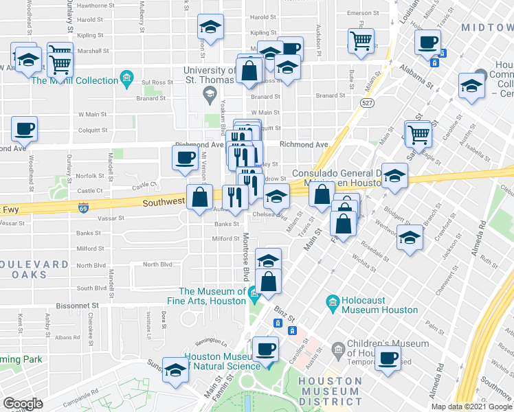 map of restaurants, bars, coffee shops, grocery stores, and more near 1611 Montrose Boulevard in Houston