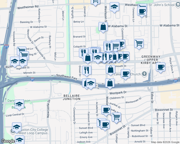 map of restaurants, bars, coffee shops, grocery stores, and more near 4211 Richmond Avenue in Houston
