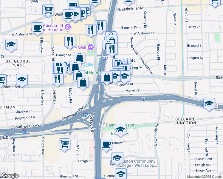 map of restaurants, bars, coffee shops, grocery stores, and more near 4822 Merwin Street in Houston