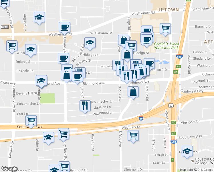 map of restaurants, bars, coffee shops, grocery stores, and more near 5353 Richmond Avenue in Houston