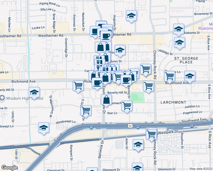 map of restaurants, bars, coffee shops, grocery stores, and more near in Houston