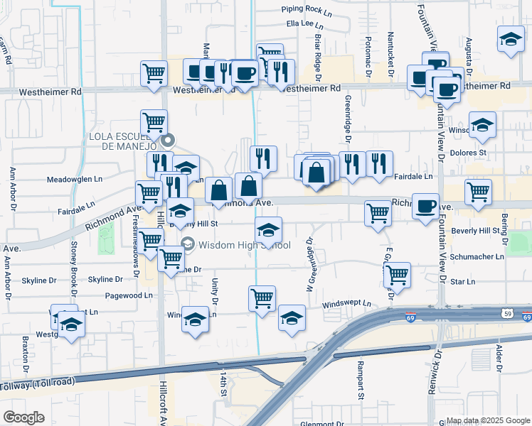map of restaurants, bars, coffee shops, grocery stores, and more near 6353 Richmond Avenue in Houston