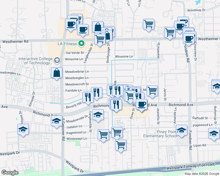 map of restaurants, bars, coffee shops, grocery stores, and more near 3103 Rockyridge Drive in Houston