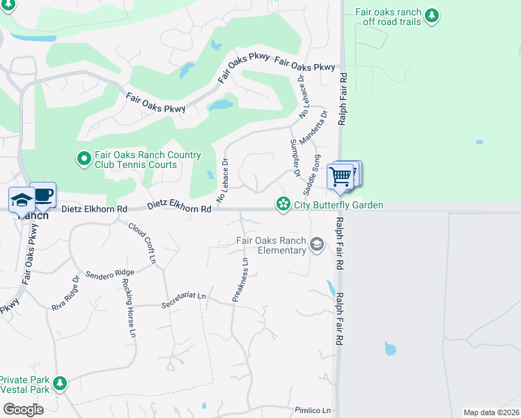 map of restaurants, bars, coffee shops, grocery stores, and more near 7353 Dietz Elkhorn Road in Fair Oaks Ranch