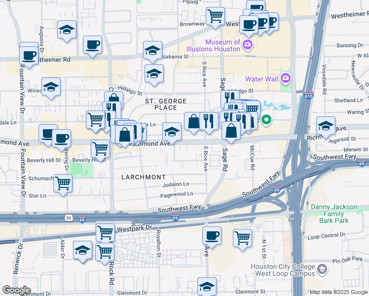 map of restaurants, bars, coffee shops, grocery stores, and more near 5353 Richmond Avenue in Houston
