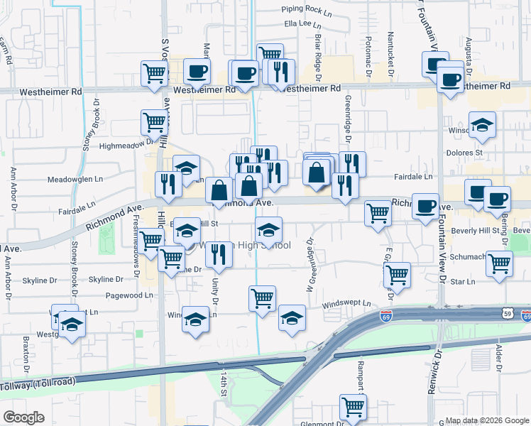 map of restaurants, bars, coffee shops, grocery stores, and more near 6353 Richmond Avenue in Houston