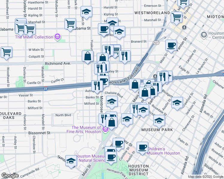 map of restaurants, bars, coffee shops, grocery stores, and more near 4606 Stanford Street in Houston