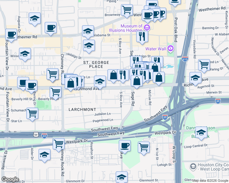 map of restaurants, bars, coffee shops, grocery stores, and more near 5321 Richmond Avenue in Houston