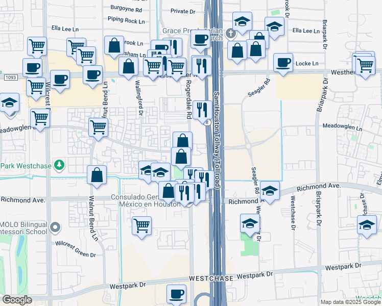 map of restaurants, bars, coffee shops, grocery stores, and more near in Houston