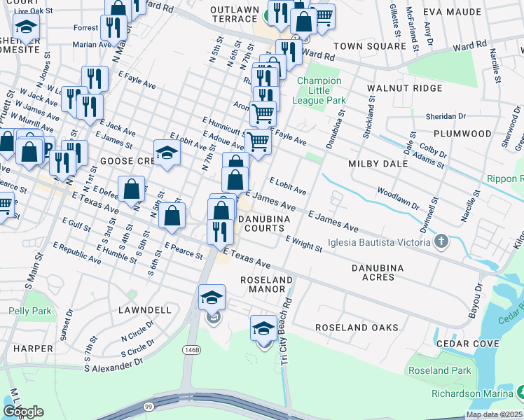 map of restaurants, bars, coffee shops, grocery stores, and more near 1001 East James Avenue in Baytown