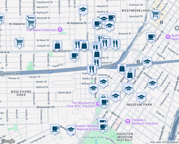 map of restaurants, bars, coffee shops, grocery stores, and more near 1102 Autrey Street in Houston