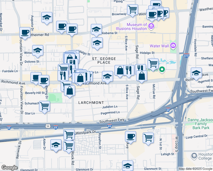 map of restaurants, bars, coffee shops, grocery stores, and more near 5412 Richmond Avenue in Houston