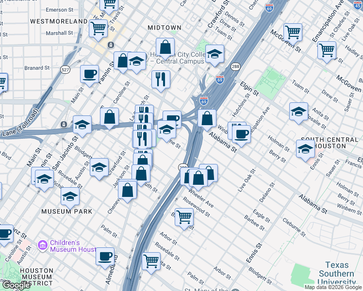 map of restaurants, bars, coffee shops, grocery stores, and more near 1908 Isabella Street in Houston