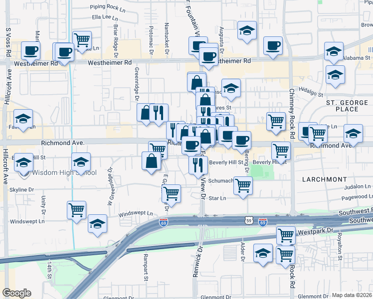 map of restaurants, bars, coffee shops, grocery stores, and more near 6009 Richmond Avenue in Houston