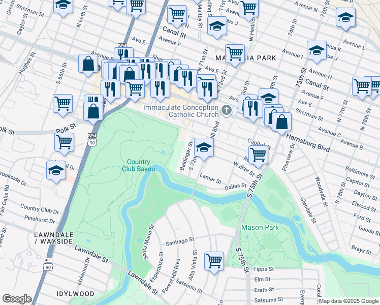 map of restaurants, bars, coffee shops, grocery stores, and more near 316 South 72nd Street in Houston