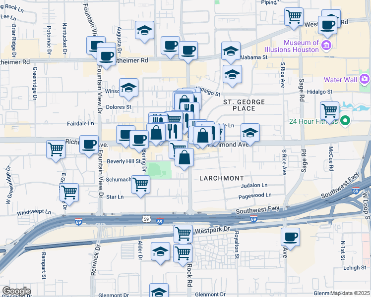 map of restaurants, bars, coffee shops, grocery stores, and more near 5606 Richmond Avenue in Houston