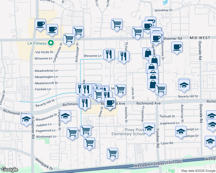 map of restaurants, bars, coffee shops, grocery stores, and more near 9242 Monsey Drive in Houston