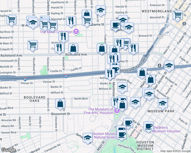 map of restaurants, bars, coffee shops, grocery stores, and more near 1210 Autrey Street in Houston