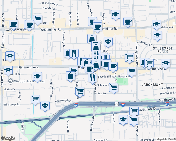 map of restaurants, bars, coffee shops, grocery stores, and more near 6009 Richmond Avenue in Houston